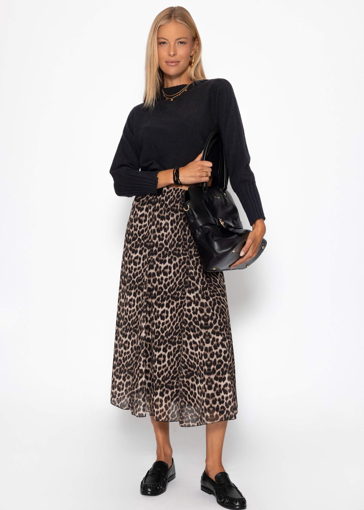 Langer Chiffon Rock mit Leo-Print - beige