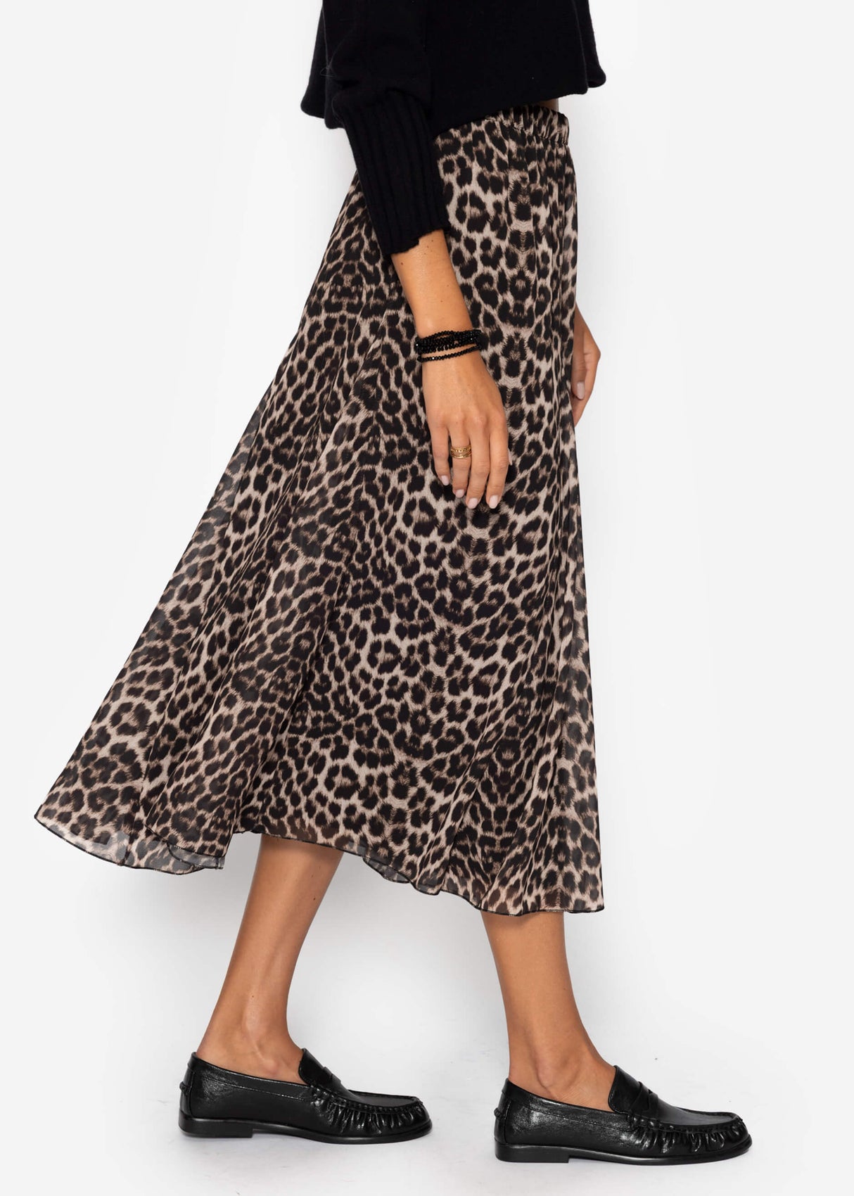 Langer Chiffon Rock mit Leo-Print - beige