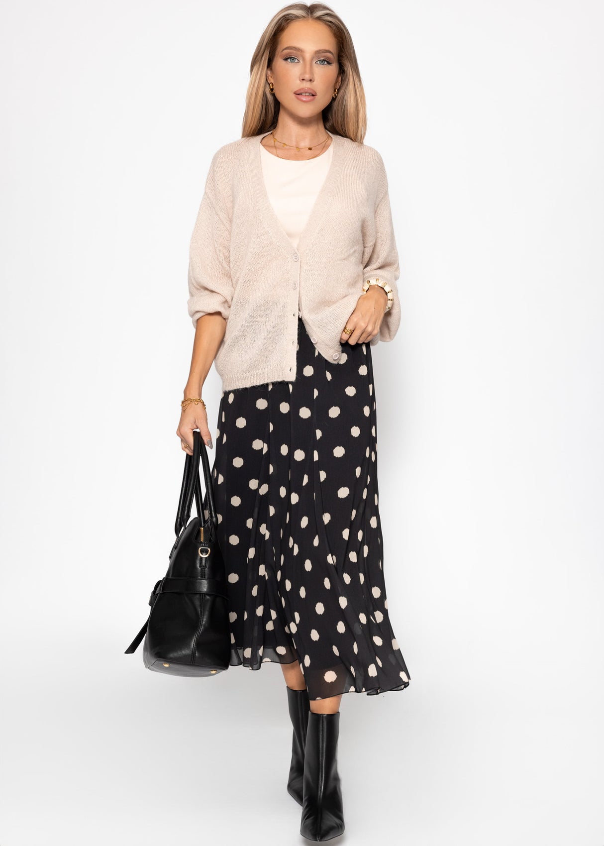 Langer Chiffon Rock mit Polka Dot-Print - schwarz