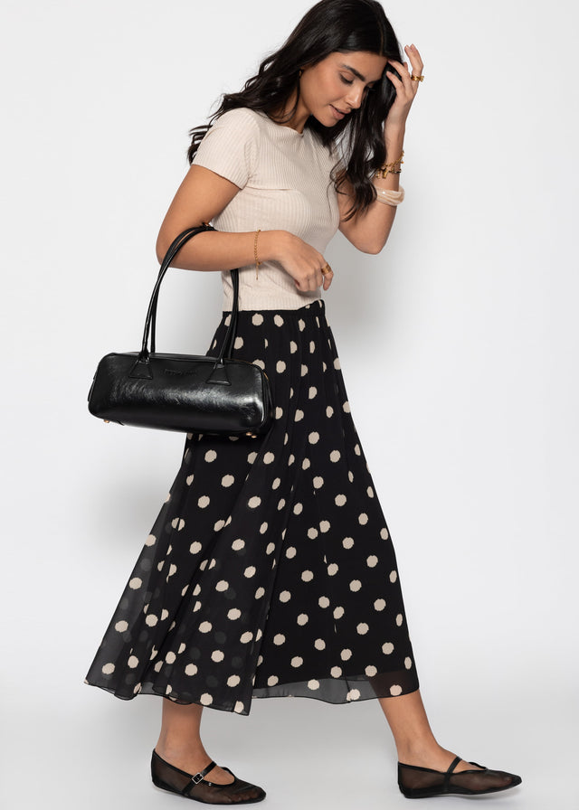 Langer Chiffon Rock mit Polka Dot-Print - schwarz