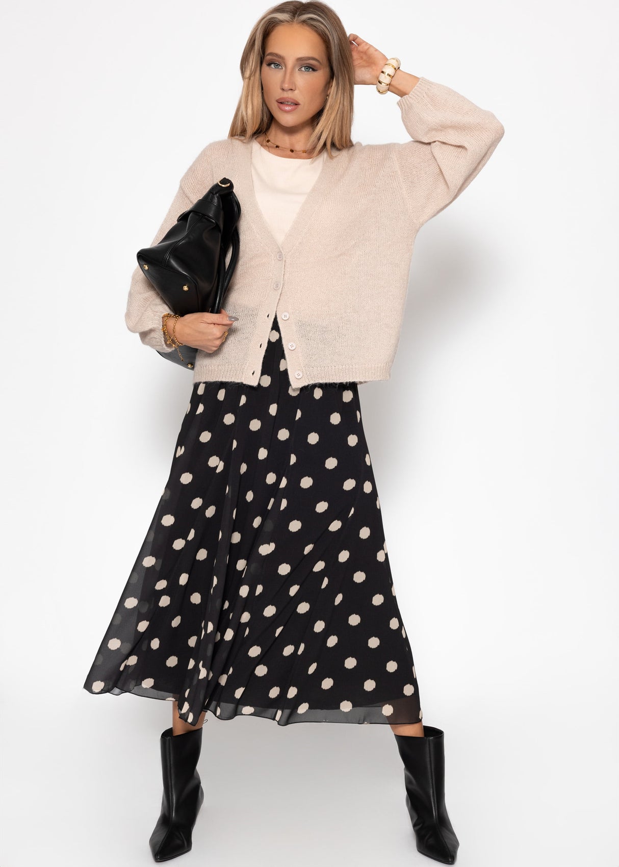 Langer Chiffon Rock mit Polka Dot-Print - schwarz