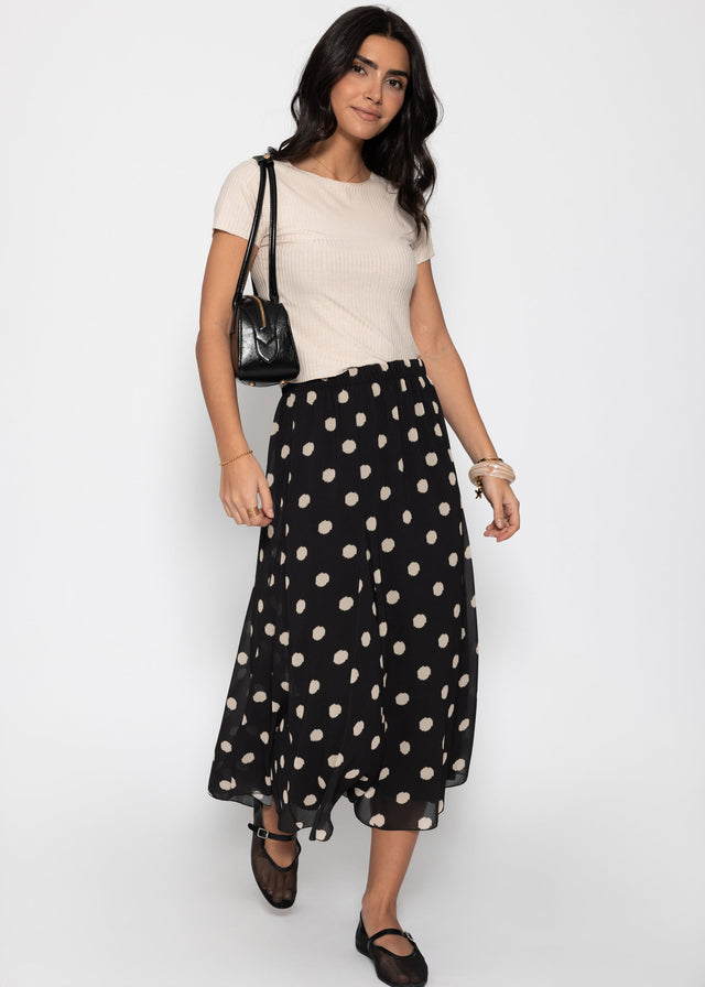 Langer Chiffon Rock mit Polka Dot-Print - schwarz