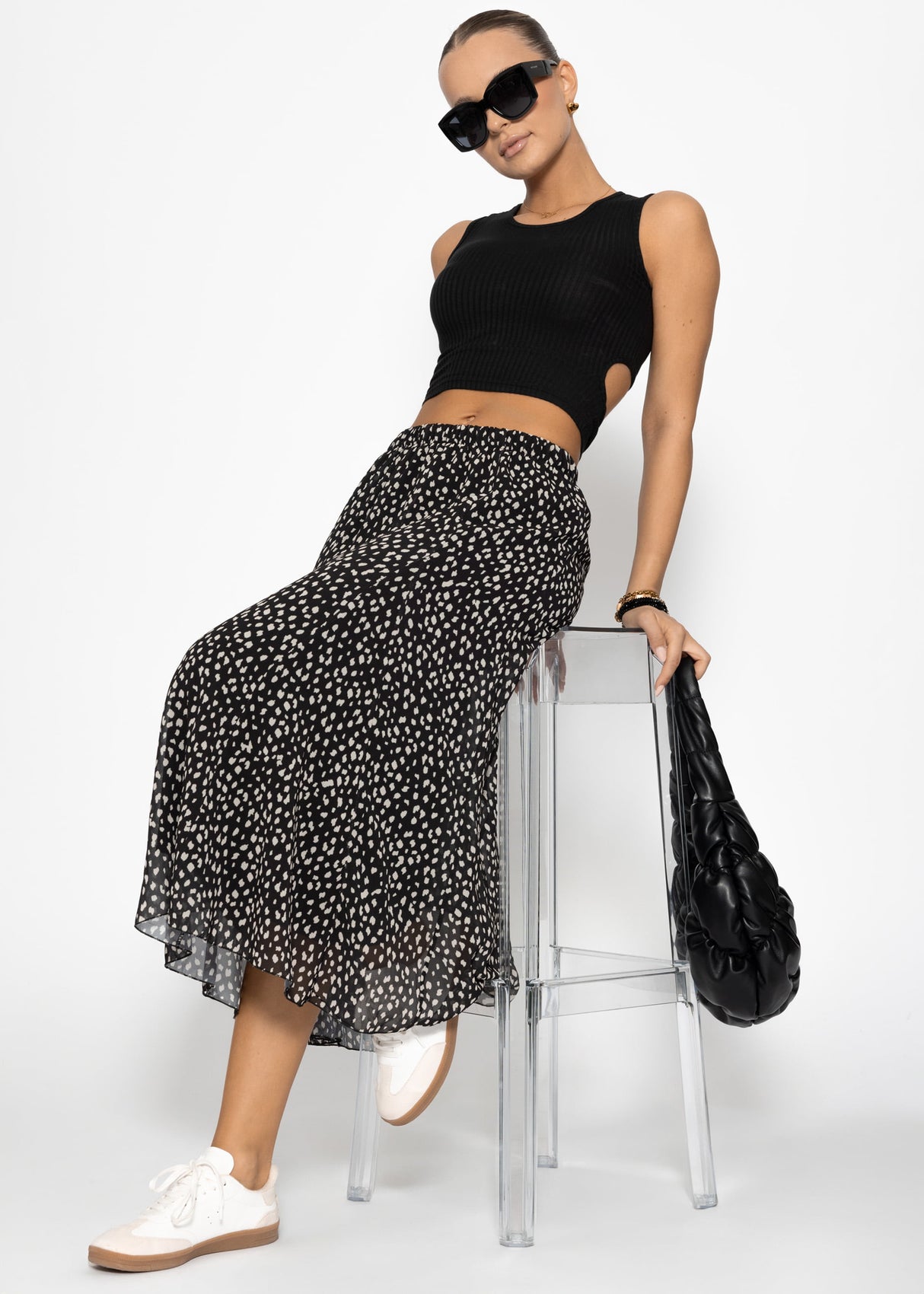 Langer Chiffon Rock mit Print - schwarz
