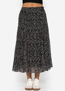 Langer Chiffon Rock mit Print - schwarz