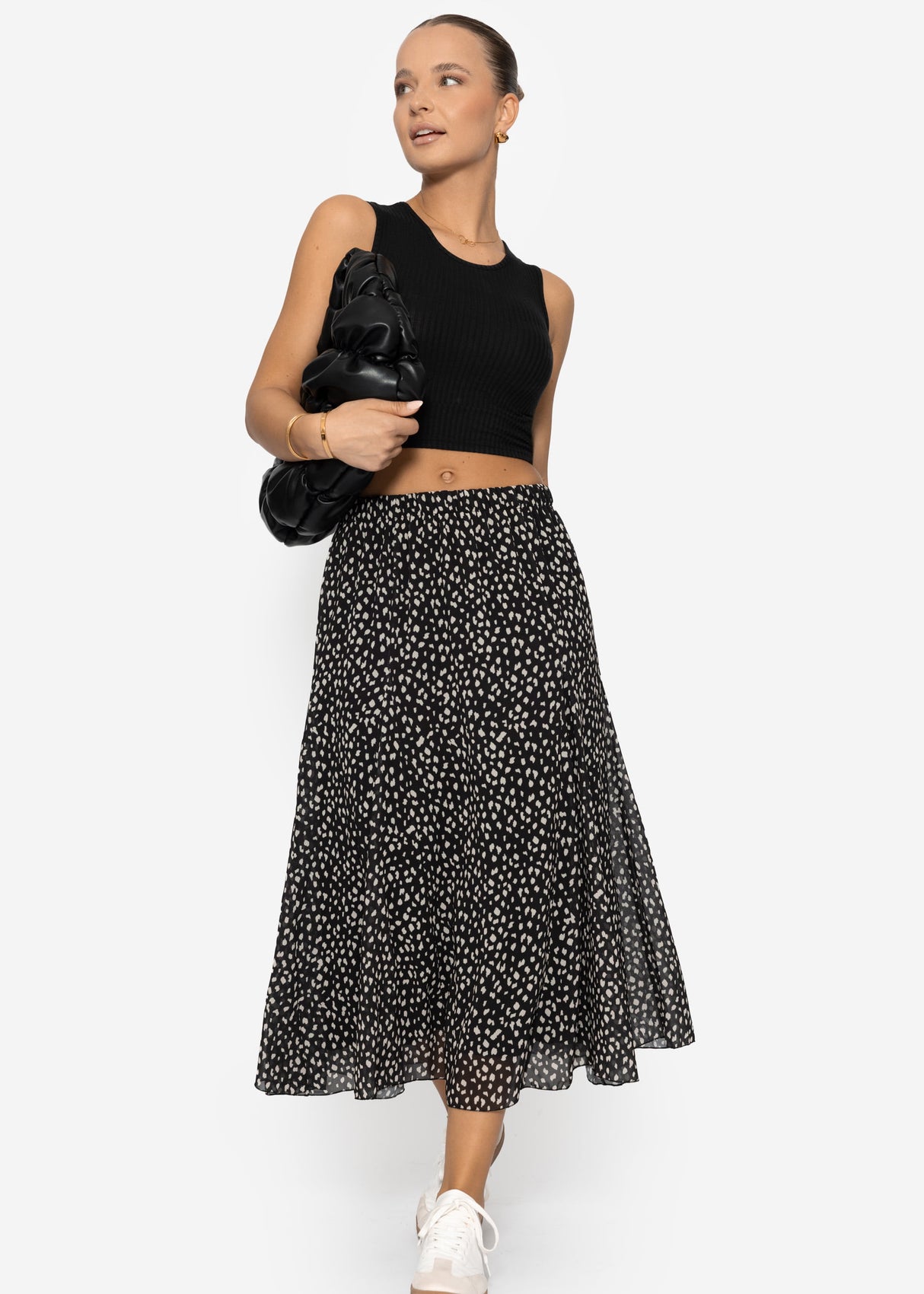 Langer Chiffon Rock mit Print - schwarz