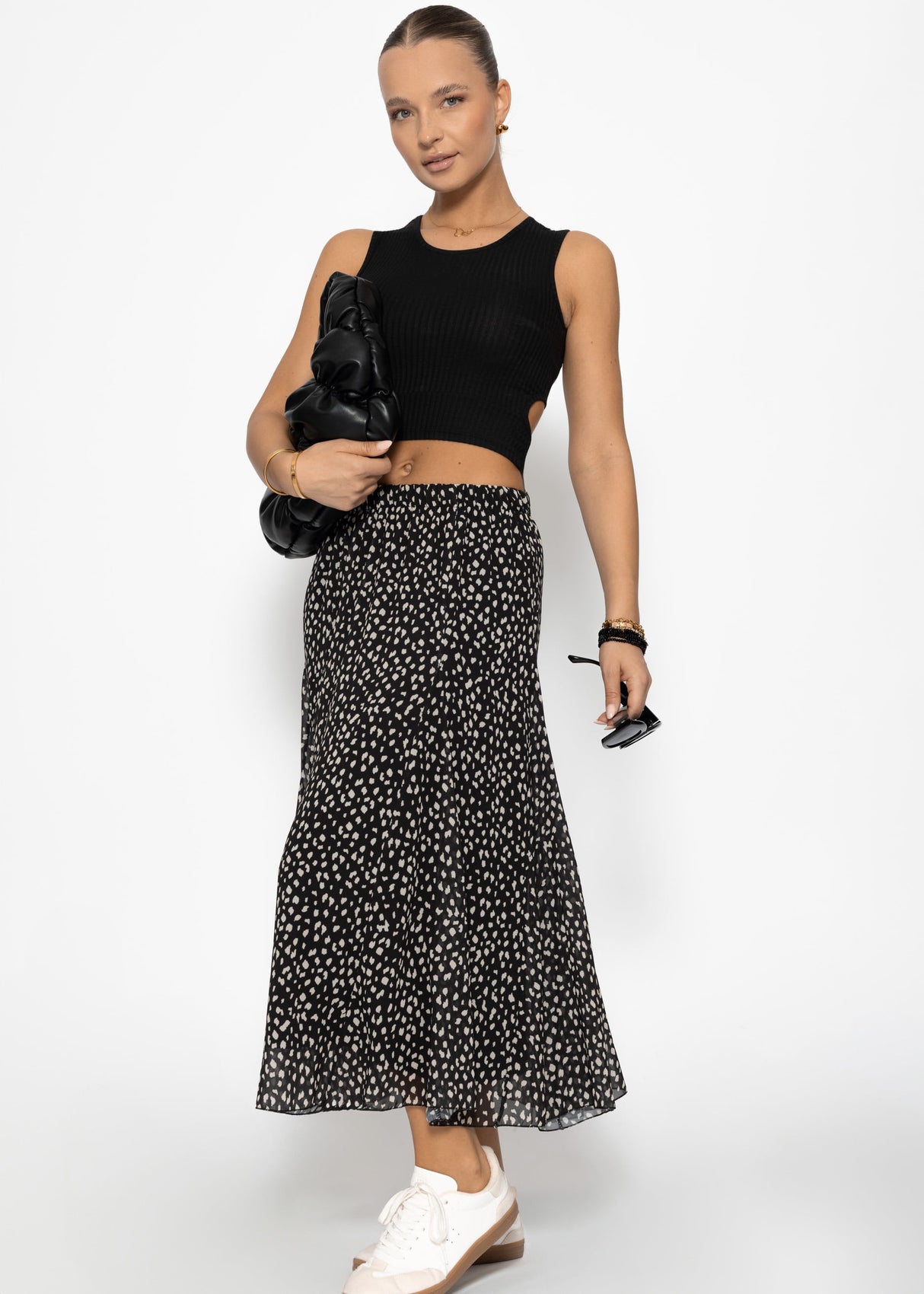 Langer Chiffon Rock mit Print - schwarz