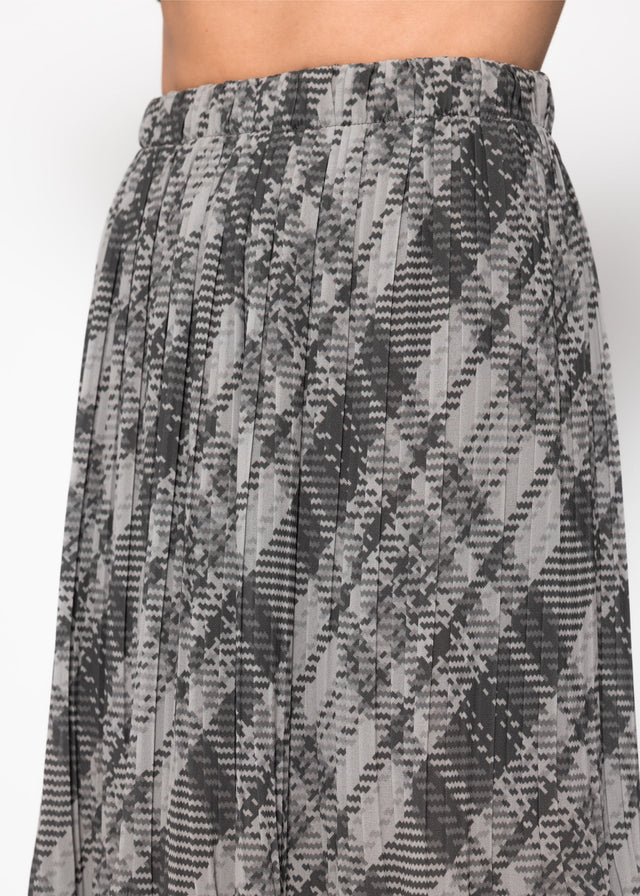 Langer Plissée-Chiffonrock mit Karo-Print - grau