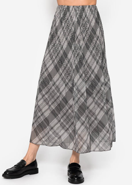 Long plissé chiffon skirt with checked print - grey