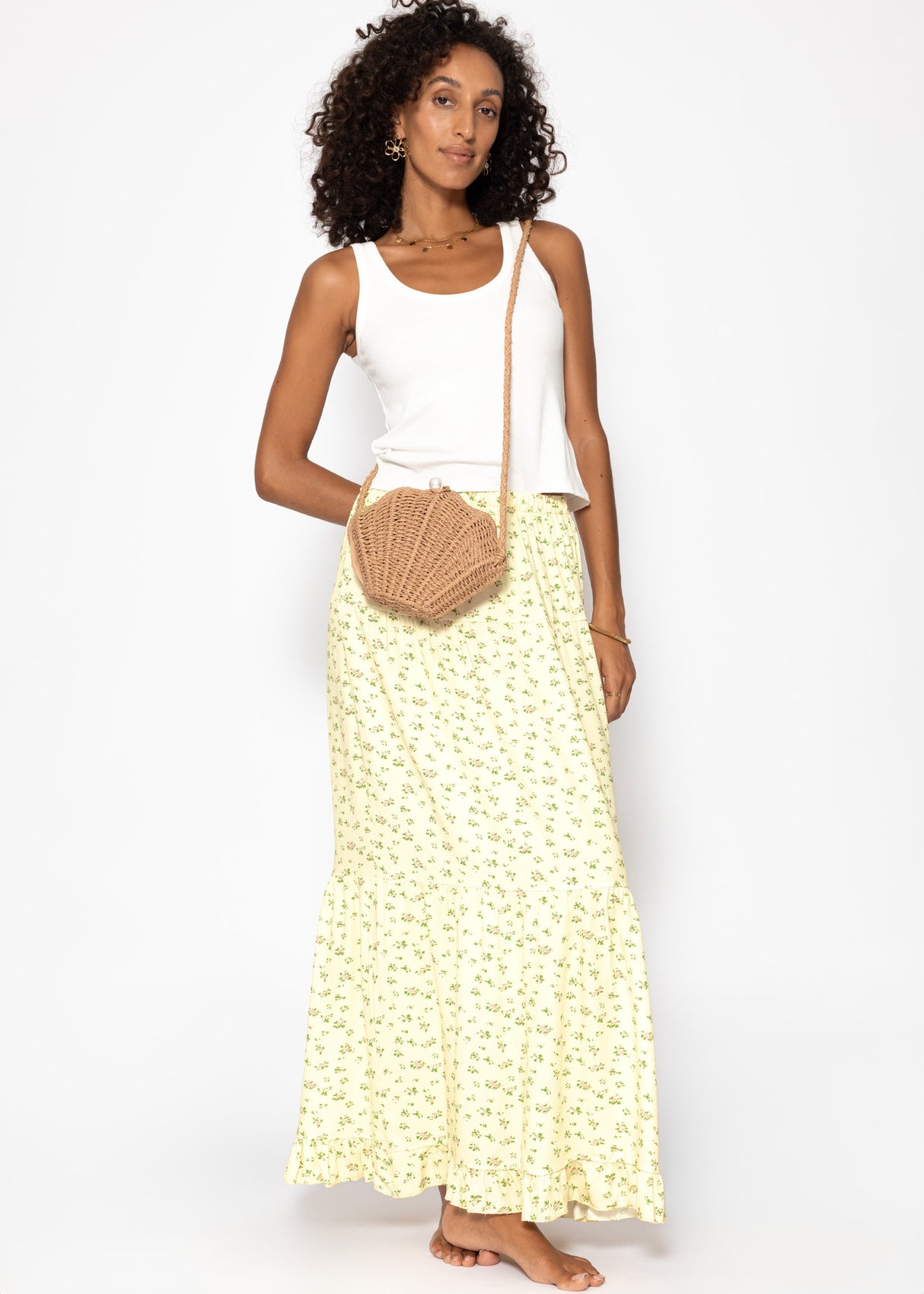 Langer Rock mit floralem Print - buttergelb
