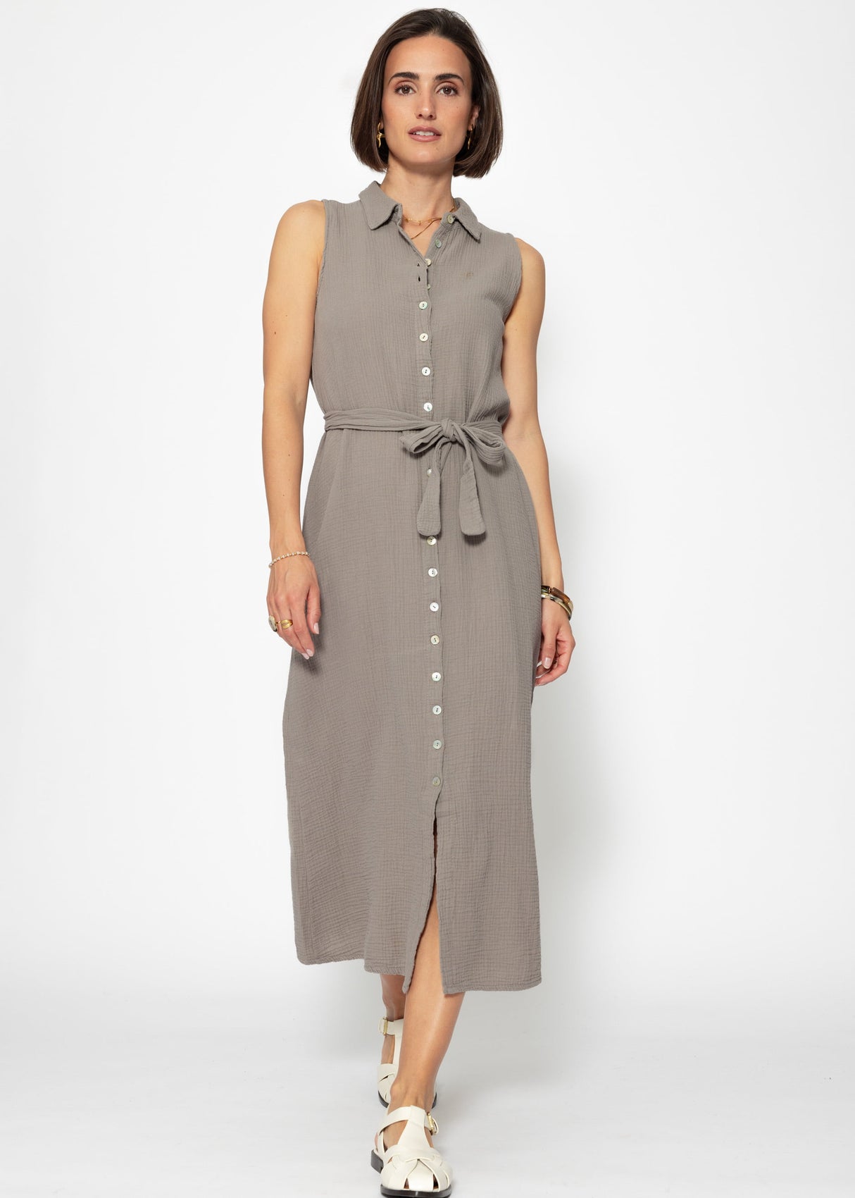 Long sleeveless muslin dress - taupe