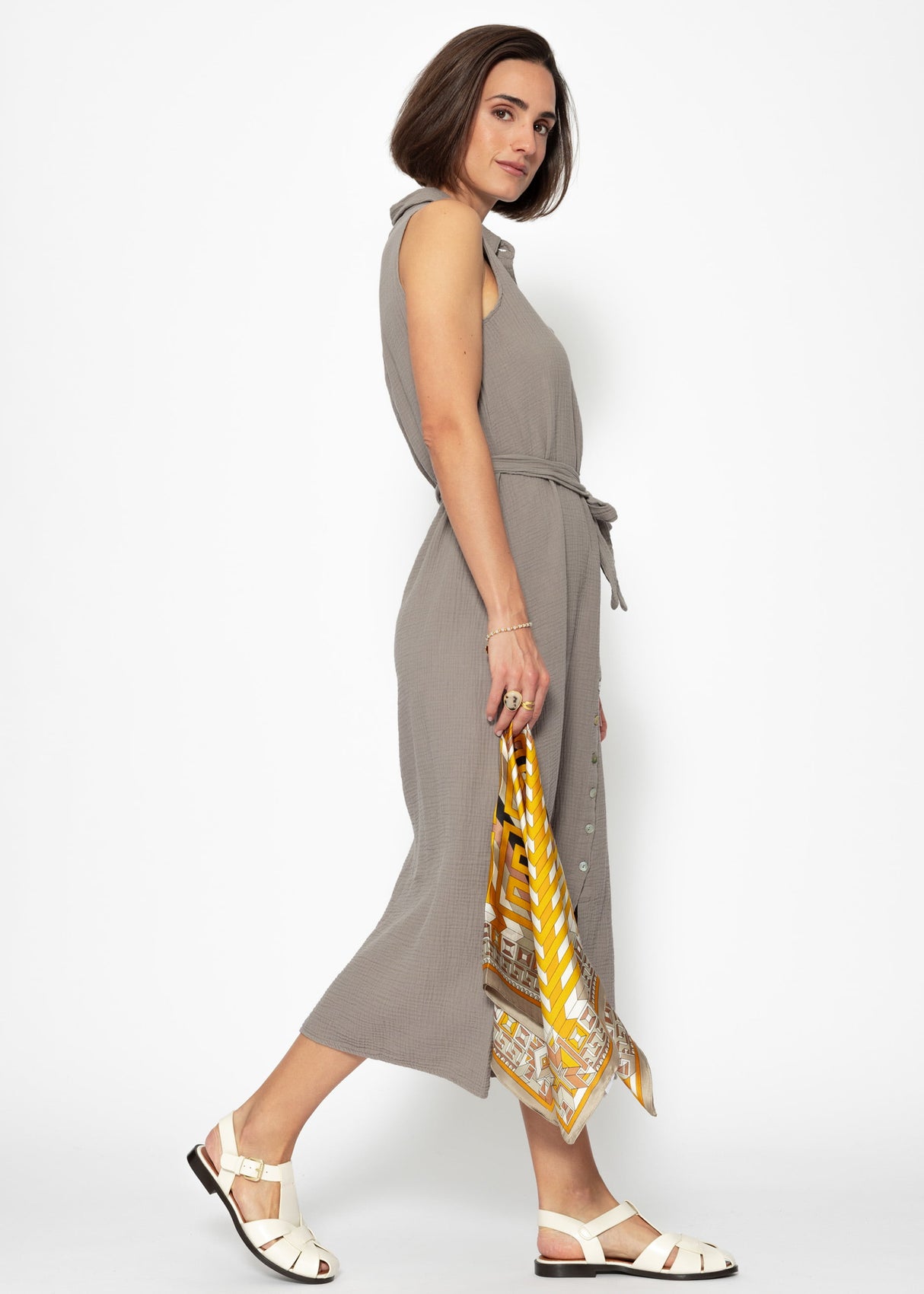 Long sleeveless muslin dress - taupe