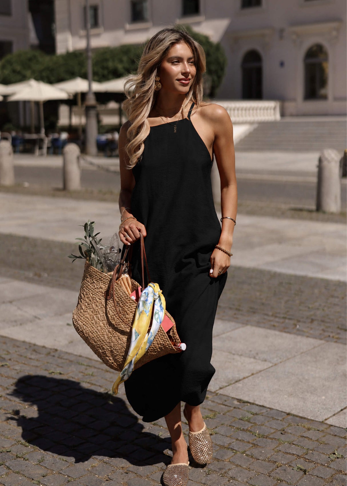 Langes Slip Kleid mit Trägern - schwarz