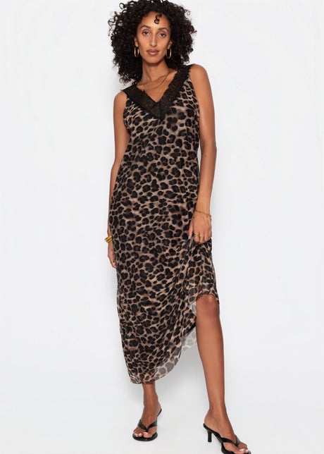 Langes Mesh-Kleid mit Leo-Print - braun