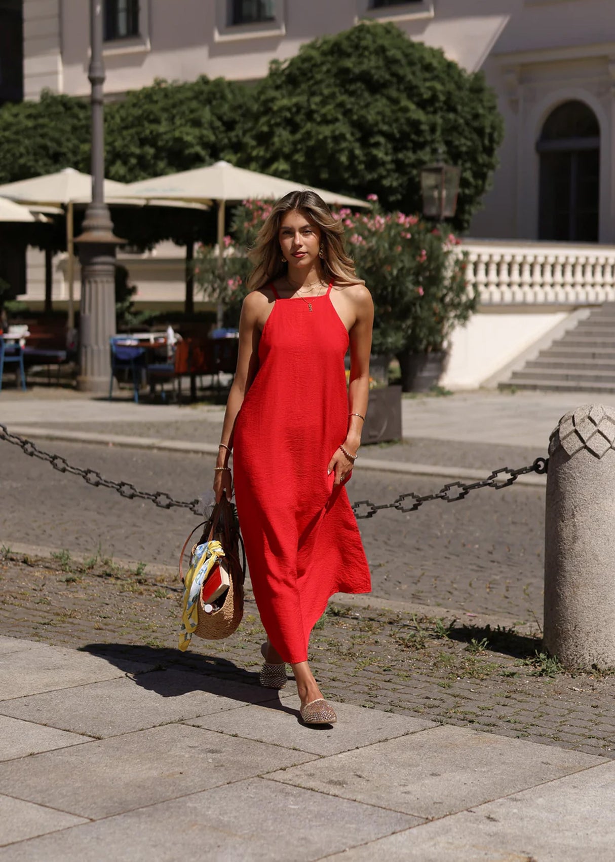 Langes Slip Kleid mit Trägern - rot