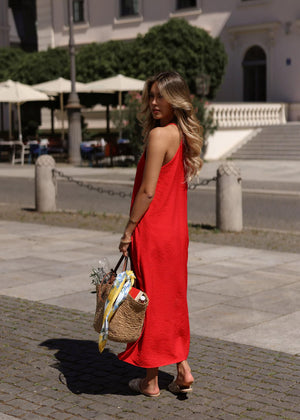 Langes Slip Kleid mit Trägern - rot