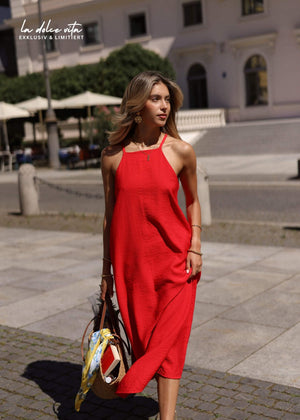Langes Slip Kleid mit Trägern - rot
