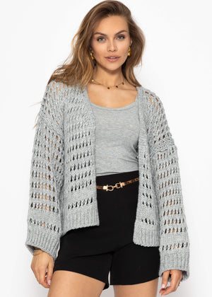 Lässige Strickjacke mit Lochstrickmuster - grau