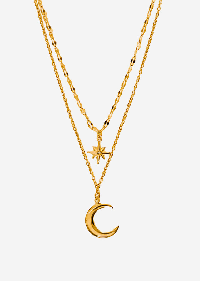Layered necklace with star and moon - gold