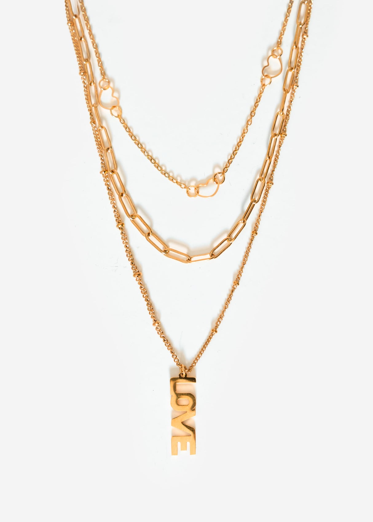 Layering Halskette mit Herzen und „Love"- Anhänger - gold