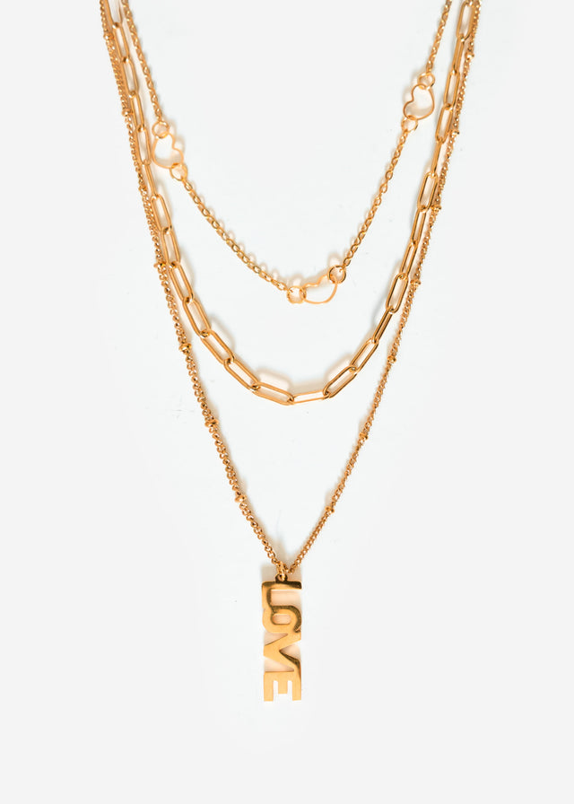 Layering necklace with hearts and 'Love' pendant - gold