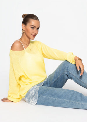 Leicht transparenter Feinstrickpullover - buttergelb