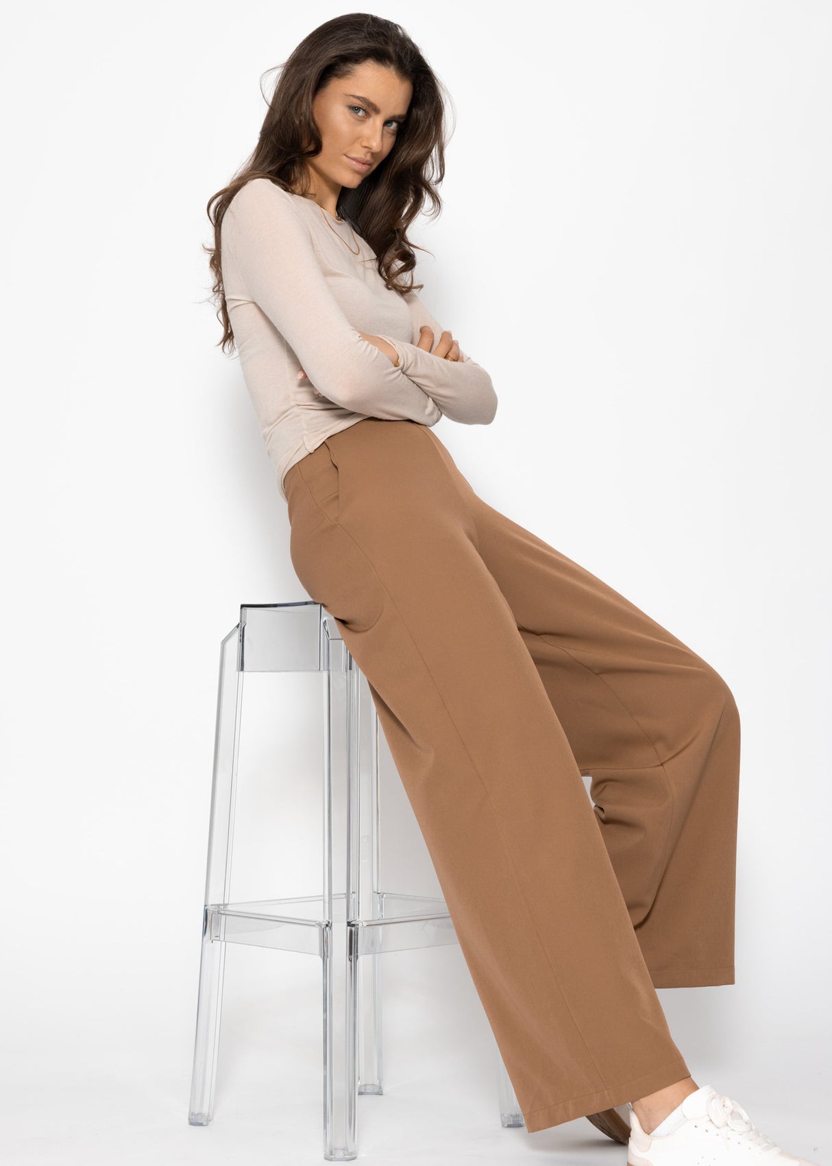 Slightly transparent long-sleeved shirt - beige