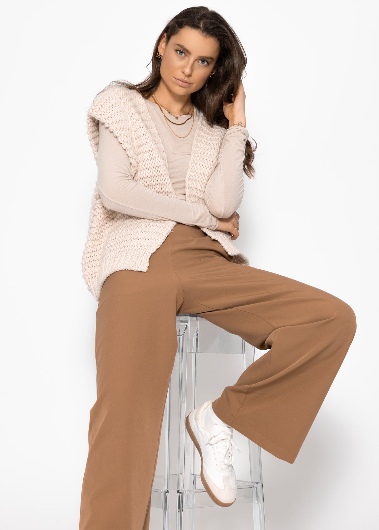 Slightly transparent long-sleeved shirt - beige