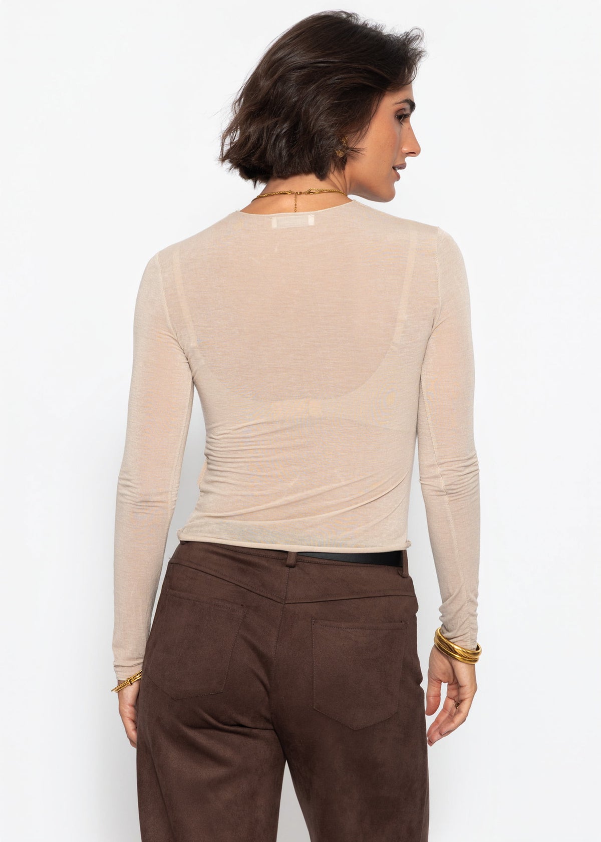 Slight sheer long-sleeved shirt with cashmere blend – beige