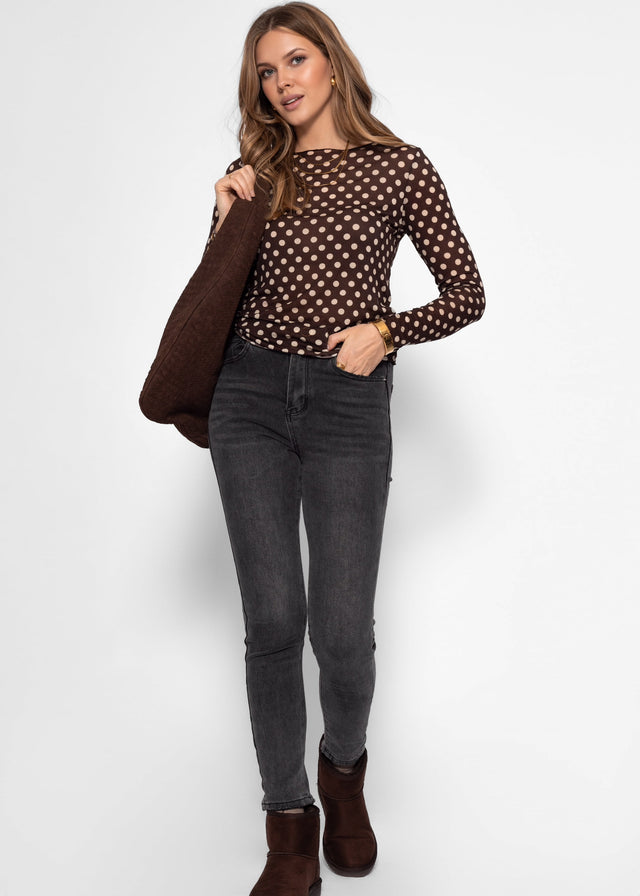 Semi-sheer long-sleeved top with cashmere blend and polka dots - brown