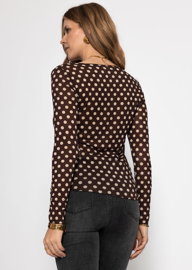 Semi-sheer long-sleeved top with cashmere blend and polka dots - brown