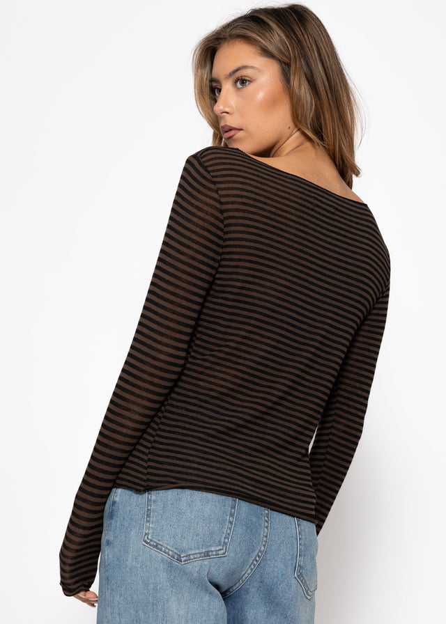 Gestreiftes, leicht transparentes Langarmshirt mit Kaschmiranteil - braun-schwarz