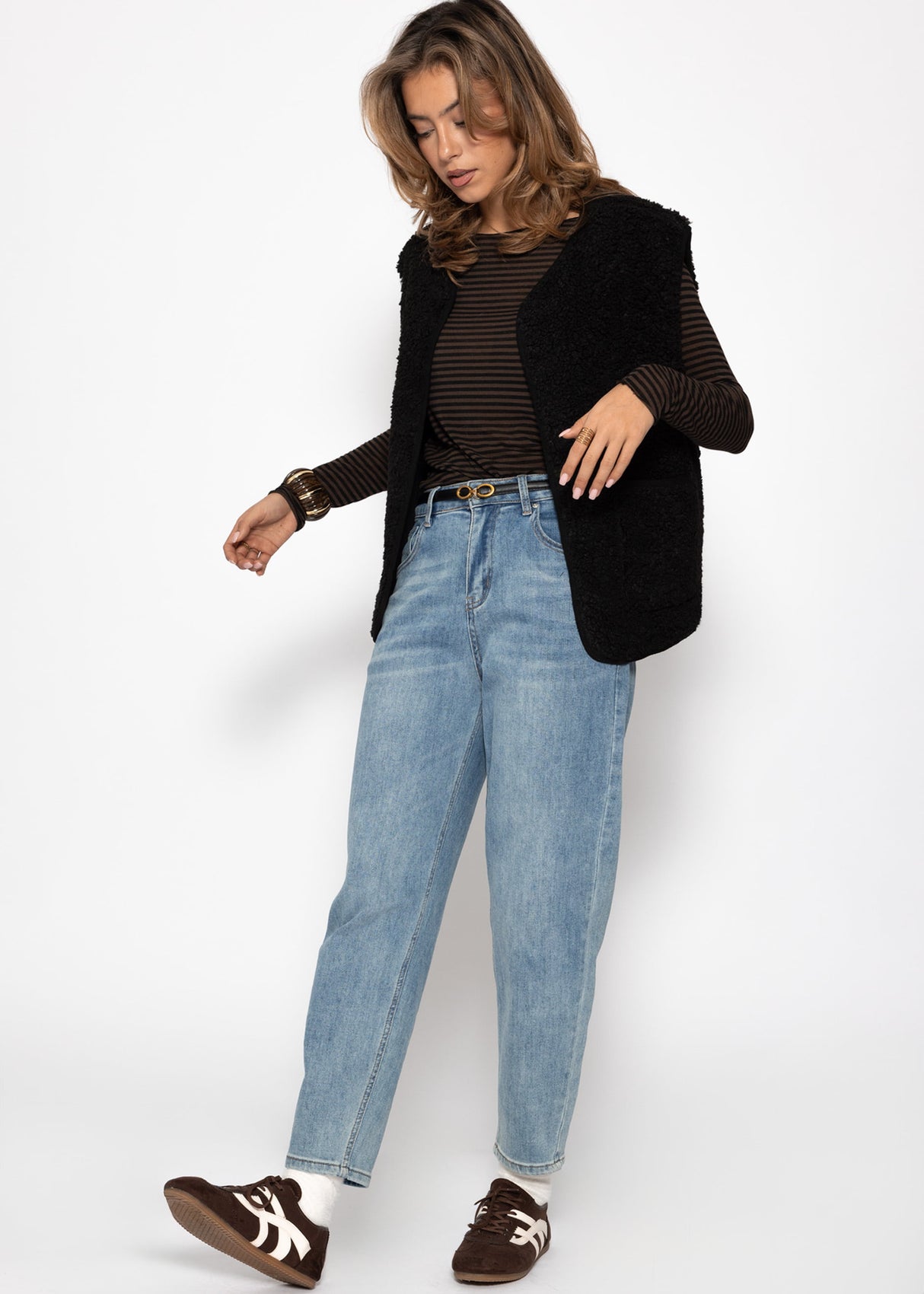 Leicht transparentes Langarmshirt mit Kaschmiranteil- braun-schwarz