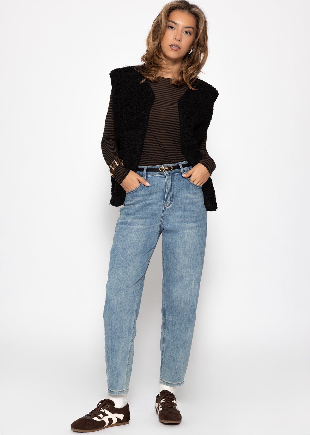 Leicht transparentes Langarmshirt mit Kaschmiranteil- braun-schwarz