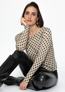 Leicht transparentes Langarmshirt mit Kaschmiranteil und Punkten - beige-schwarz