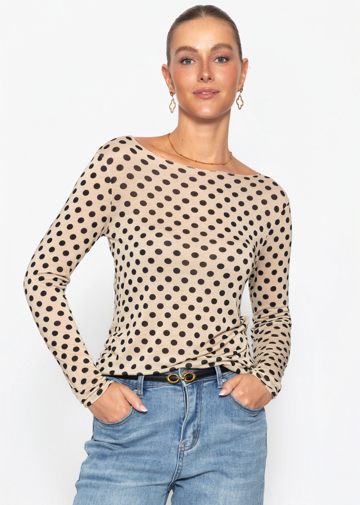 Leicht transparentes Langarmshirt mit Kaschmiranteil und Punkten - beige-schwarz