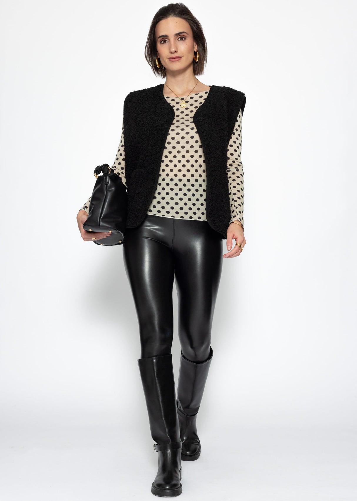 Leicht transparentes Langarmshirt mit Kaschmiranteil und Punkten - beige-schwarz