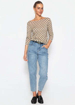 Leicht transparentes Langarmshirt mit Kaschmiranteil und Punkten - beige-schwarz