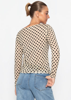 Leicht transparentes Langarmshirt mit Kaschmiranteil und Punkten - beige-schwarz