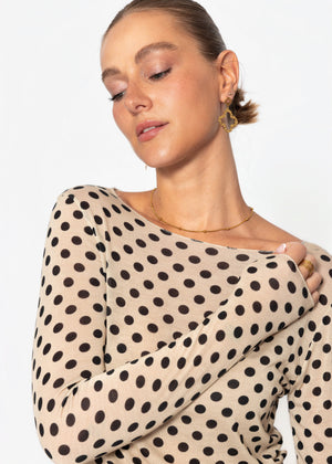 Leicht transparentes Langarmshirt mit Kaschmiranteil und Punkten - beige-schwarz