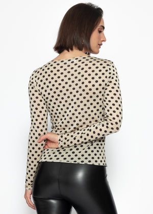 Leicht transparentes Langarmshirt mit Kaschmiranteil und Punkten - beige-schwarz