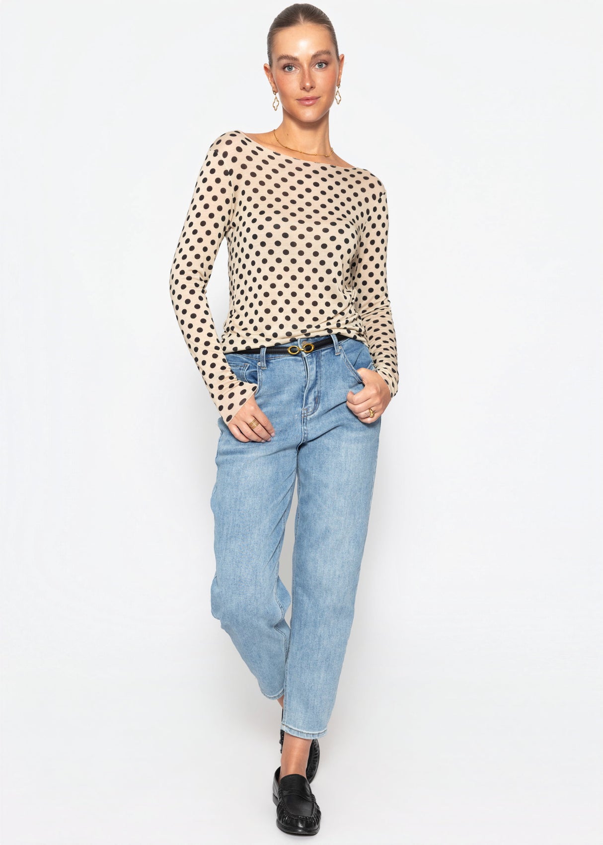Leicht transparentes Langarmshirt mit Kaschmiranteil und Punkten - beige-schwarz