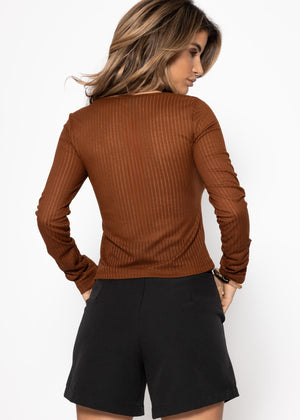 Leicht transparentes Langarmshirt mit Rippstruktur - braun