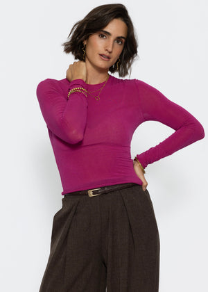 Leicht transparentes Langarmshirt mit Rundhals - pink