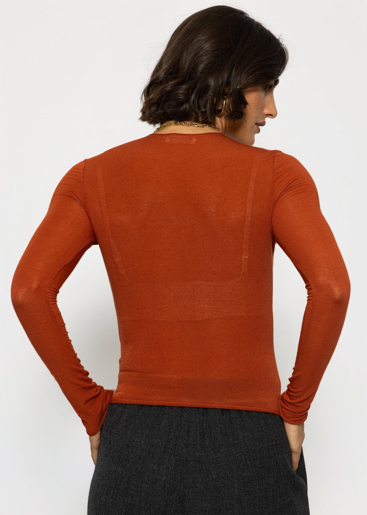 Leicht transparentes Langarmshirt mit Rundhals - rostrot
