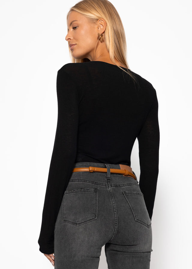 Semi-sheer long-sleeved top with cashmere blend - black