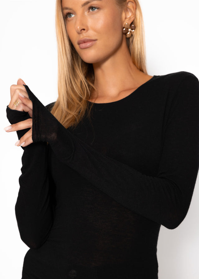 Semi-sheer long-sleeved top with cashmere blend - black