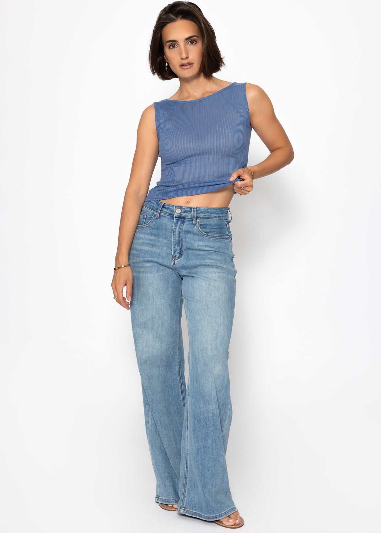 Leicht transparentes Top mit Rippstruktur - jeansblau