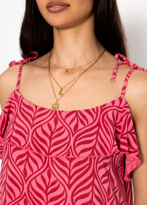 Langes Kleid mit Volants und Print - rosa