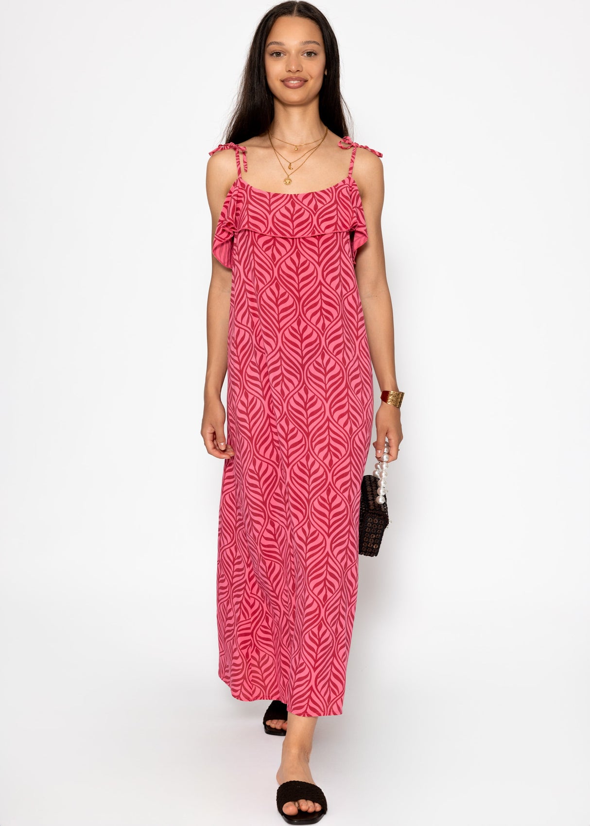 Langes Kleid mit Volants und Print - rosa