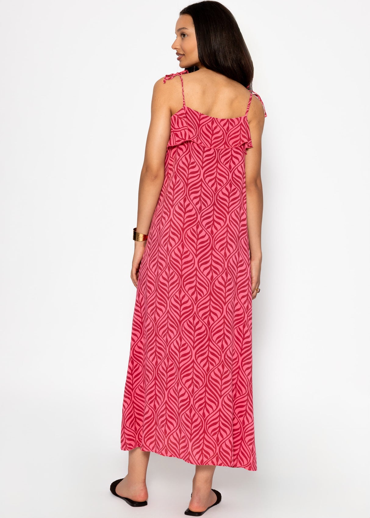 Langes Kleid mit Volants und Print - rosa